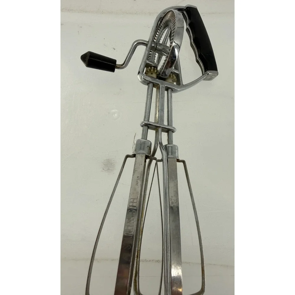 Vtg Stainless Steel Japan Hand Crank Egg Beater Dual Mixer Black Handle Kitchen